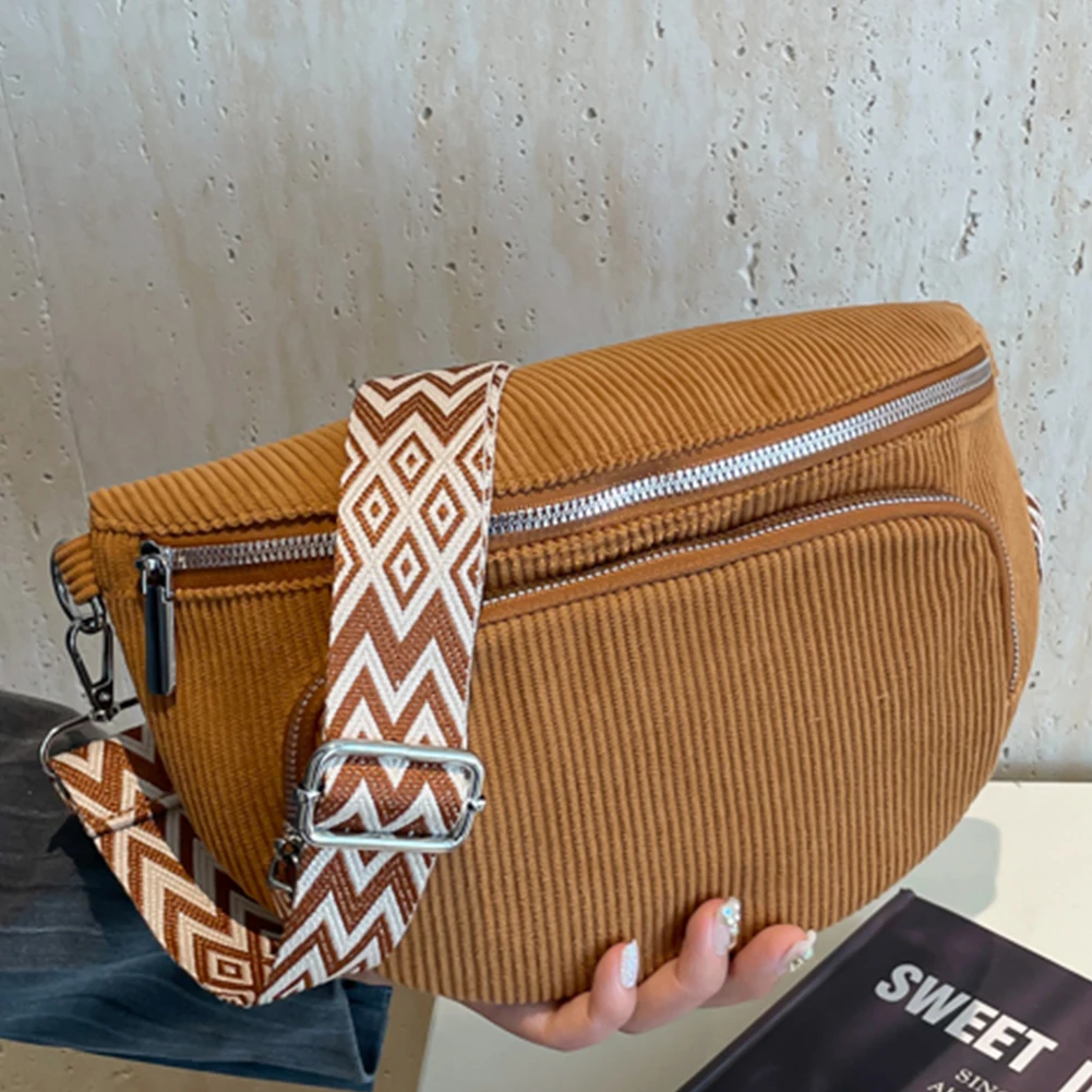 Corduroy Chest Bag Stylish Crossbody Bag Wide Strap Vintage Shoulder Bag Multi-pockets Casual Waist Bag Fanny Packs Belt Bags